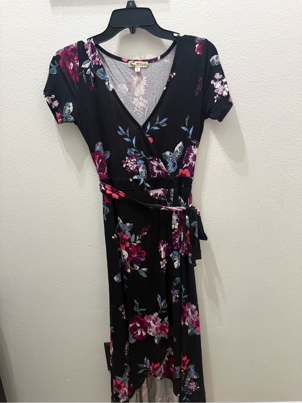 Floral Wrap Maxi Dress - Black with Pink & Purple Blooms